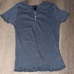 Art Class Blue Ribbed Henley Ruffle Short Sleeve Top